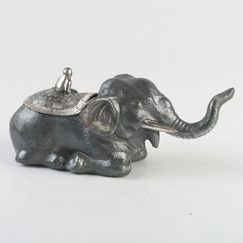 あんちん製　合金　象に人物　インク壷　蓋物　V　9307