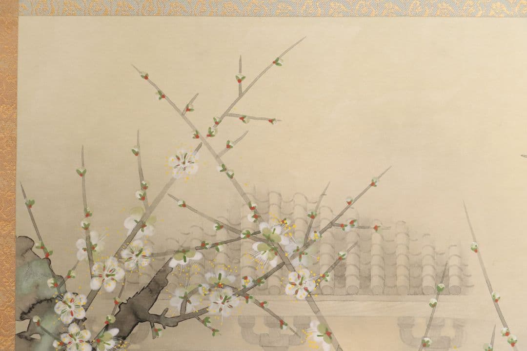 【真作】日本画 宮本昌雄「梅の寺」絹本 掛け軸 木箱 横物 MA434