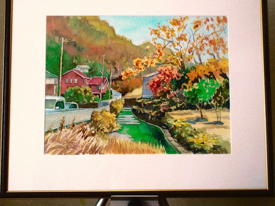 秋の風景 水彩画 フレーム付き F6サイズ