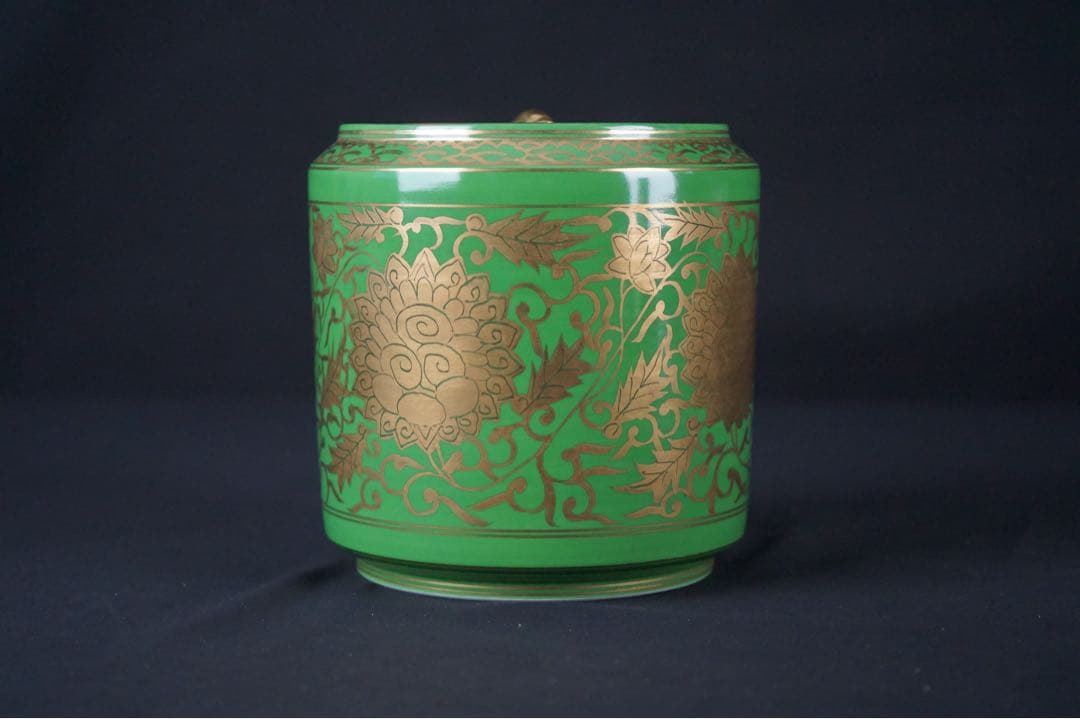 平安 三代 加藤利昇 作 萌黄金襴手 皆具 共箱 茶道具