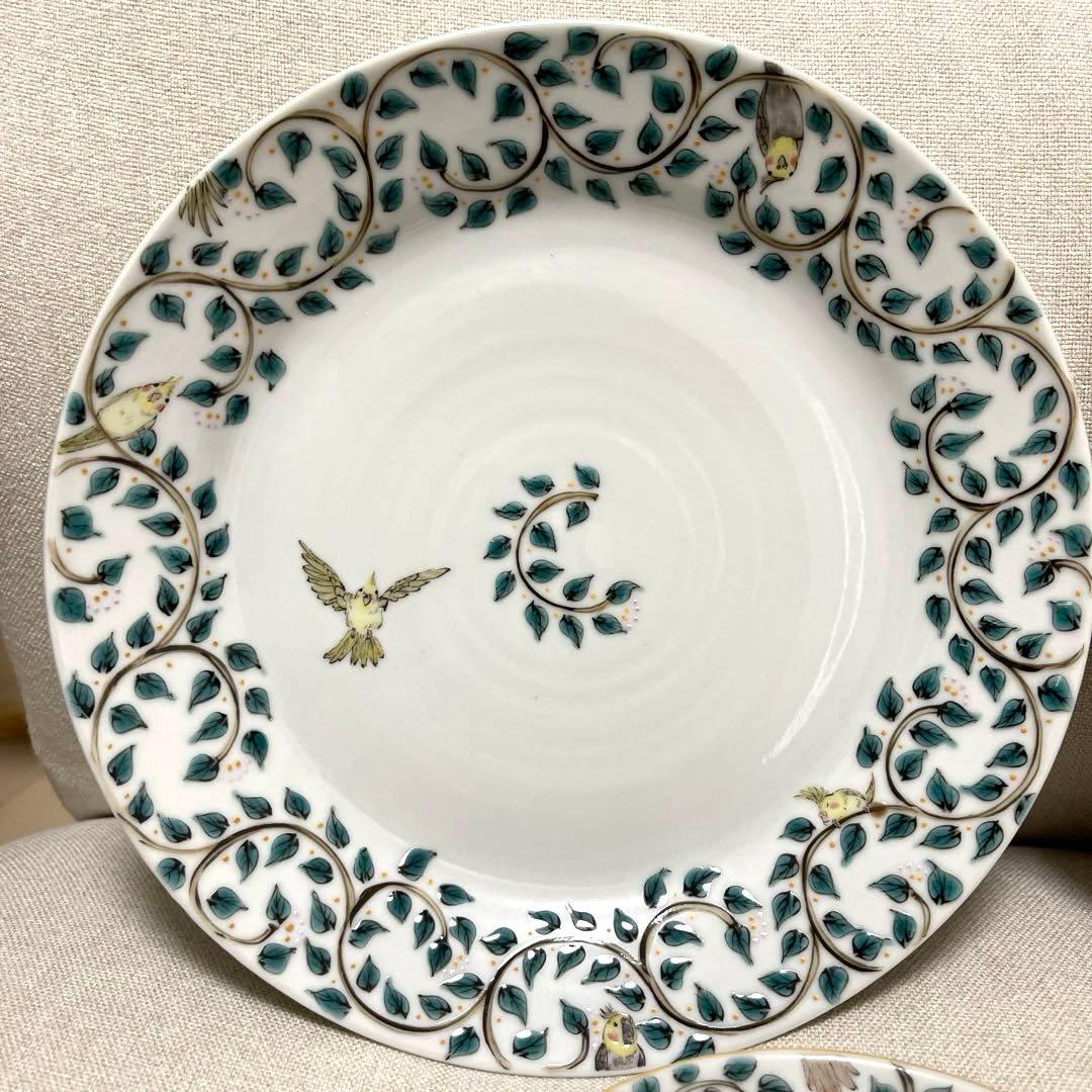 山浦早織　九谷焼　唐草 インコ　お皿　鳥柄　食器　手描き
