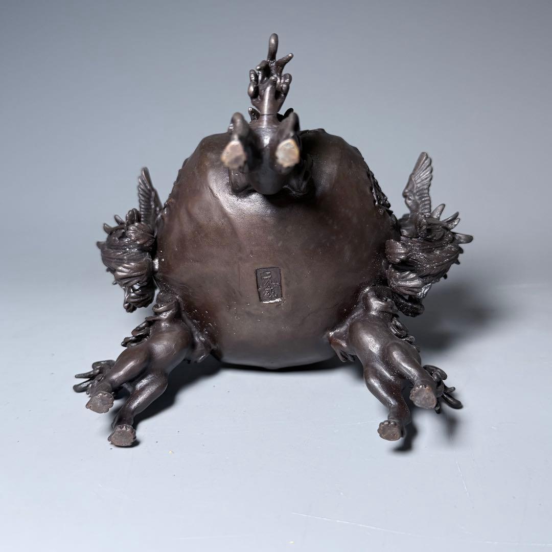 二上常太郎 元威作　蝋型鋳銅　細密細工　鳳凰耳牡丹獅子香炉　造形美　最高位作