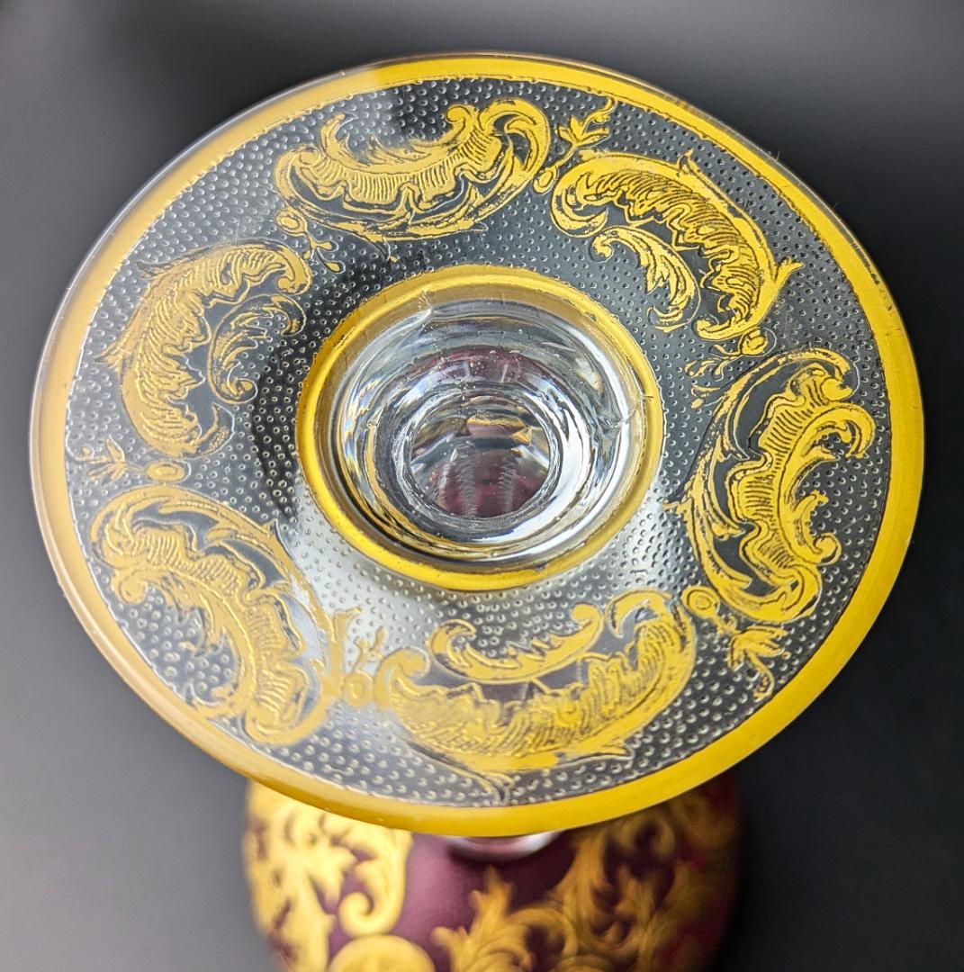 ゴージャスペア★ルビーレッド 17㎝ 金彩 多面カットステム グラス フランス