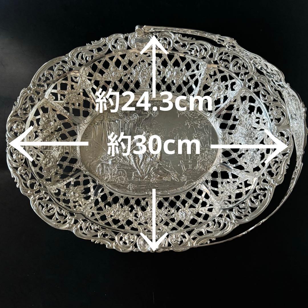 ドイツ製　アンティークシルバー　バスケット　ピアス細工　ロココ　リボン　天使