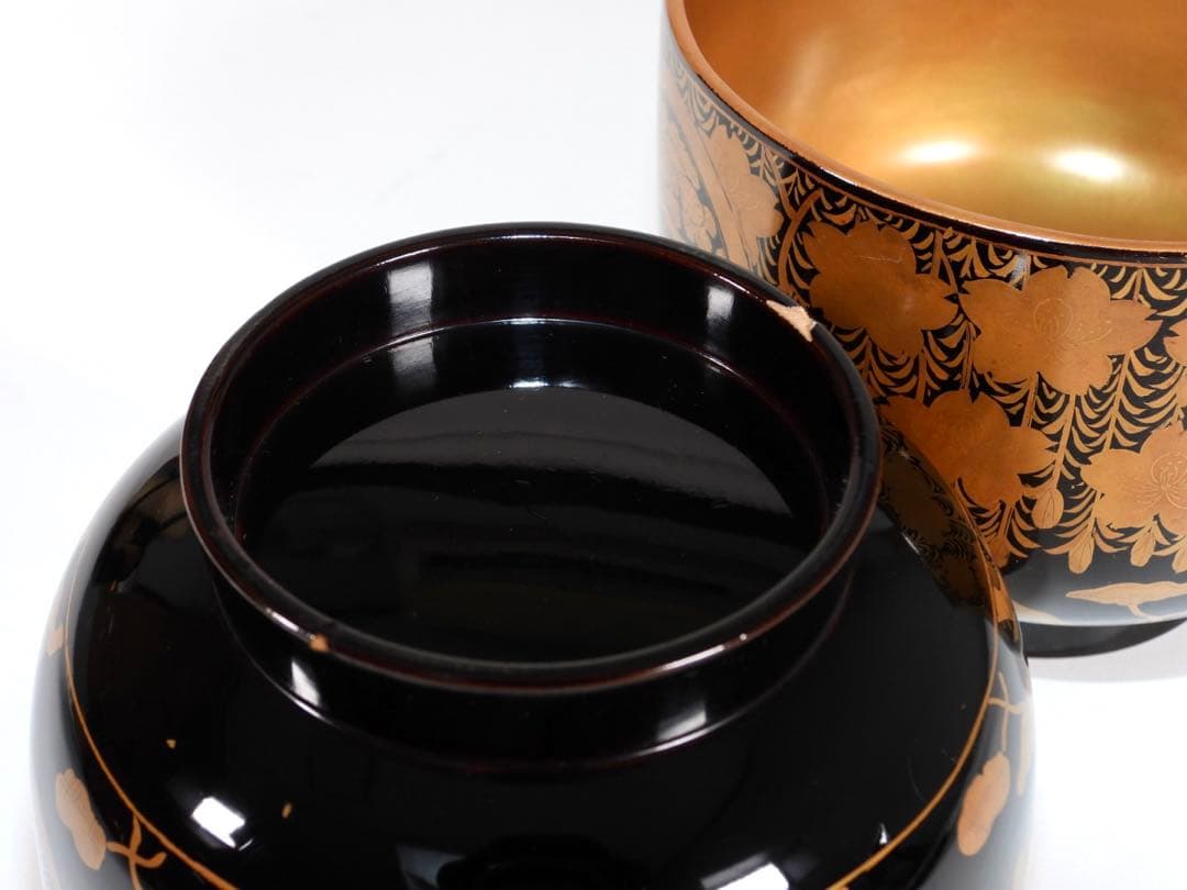 時代漆器 輪島塗 蝋色塗 糸櫻蒔絵 内金溜 盃洗 天然木 漆塗り 漆芸 時代箱