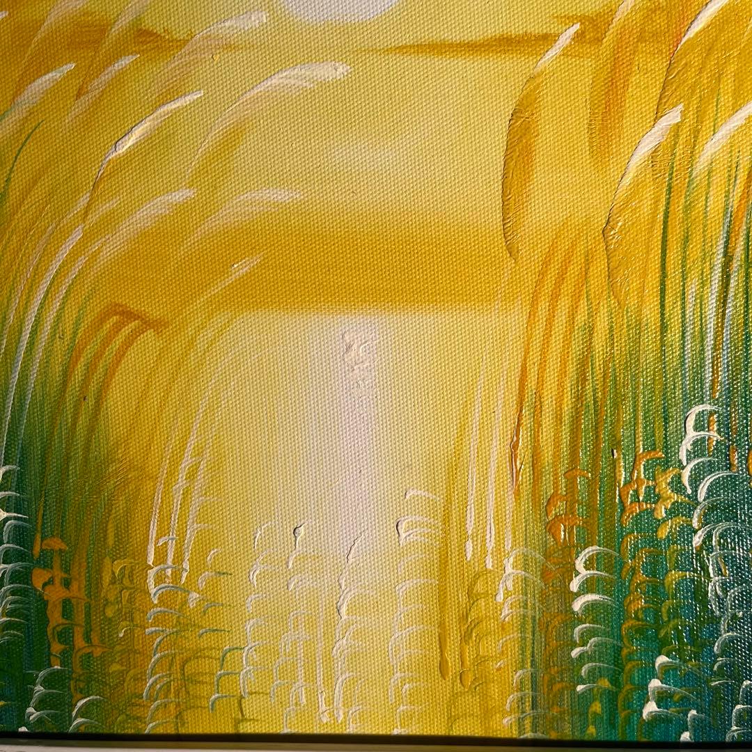 手書き油絵 湖と渡り鳥 額付き インテリア 油彩画