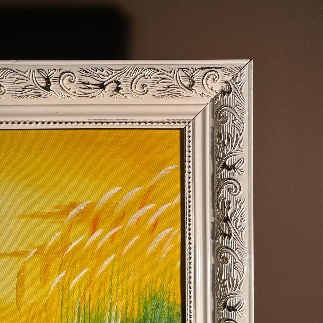 手書き油絵 湖と渡り鳥 額付き インテリア 油彩画