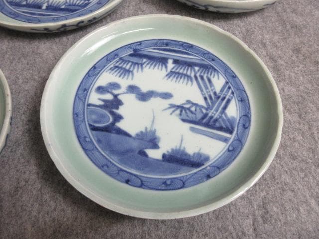 古伊万里冨貴長春青磁染付松竹梅図焼物皿7枚 [B27959]