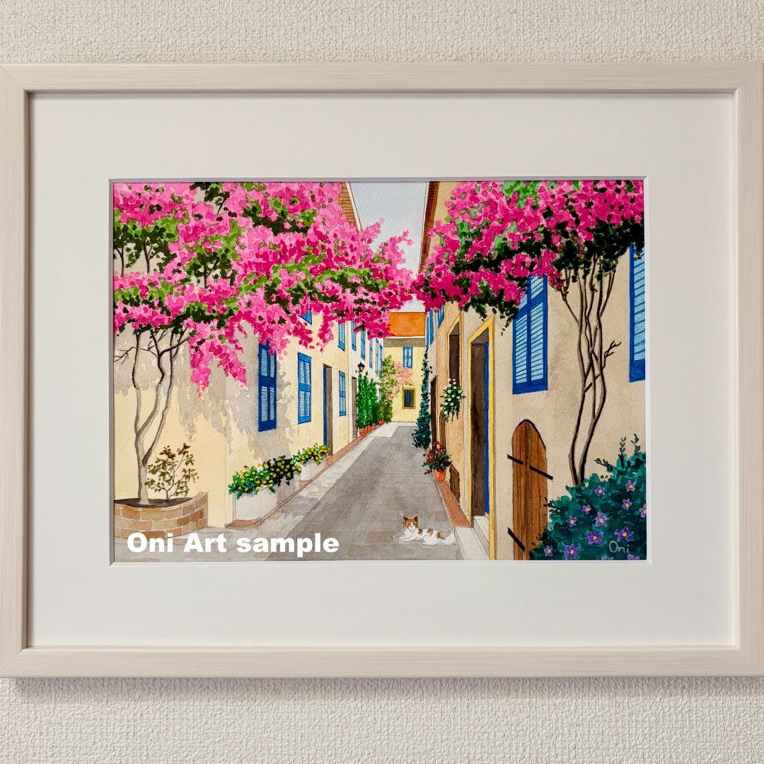 透明水彩画　原画　「花の咲く路地05」額縁付き　F4サイズ　風景画