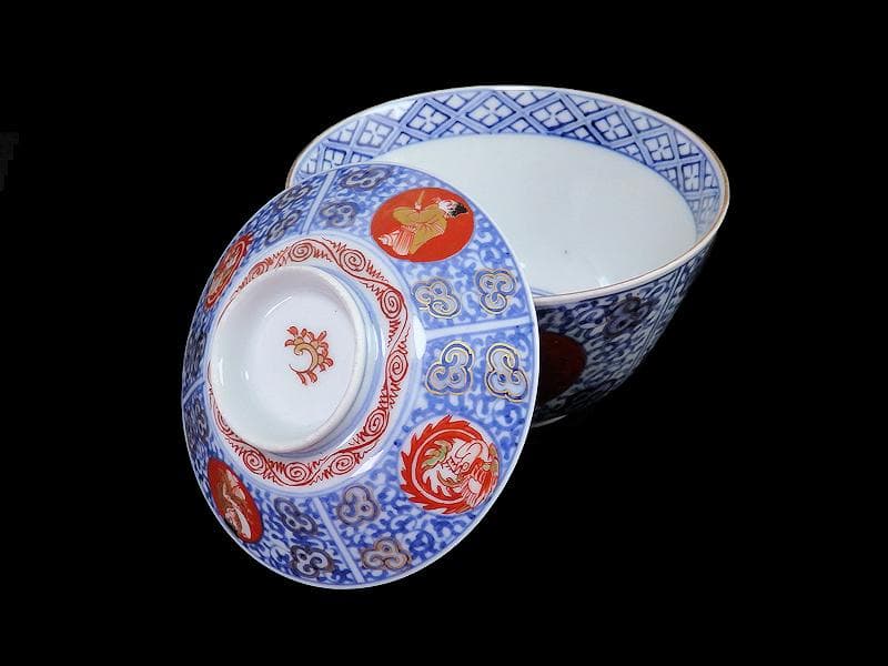 大聖寺伊万里　染錦　鳳凰に唐人　唐草の図　蓋茶碗　２客　A121AS-fbmj