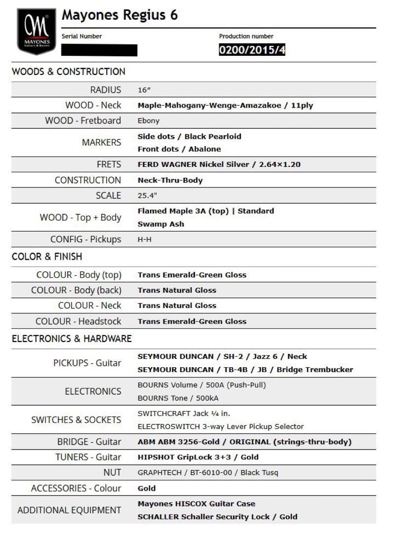ギター MAYONES Regius6 REG6-TEGRNG
