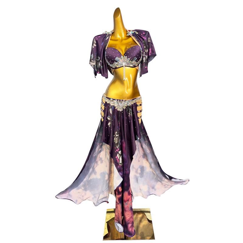 ベリーダンス衣装 パープル花柄 ブラ＆ロングスカート 高級ステージ衣装