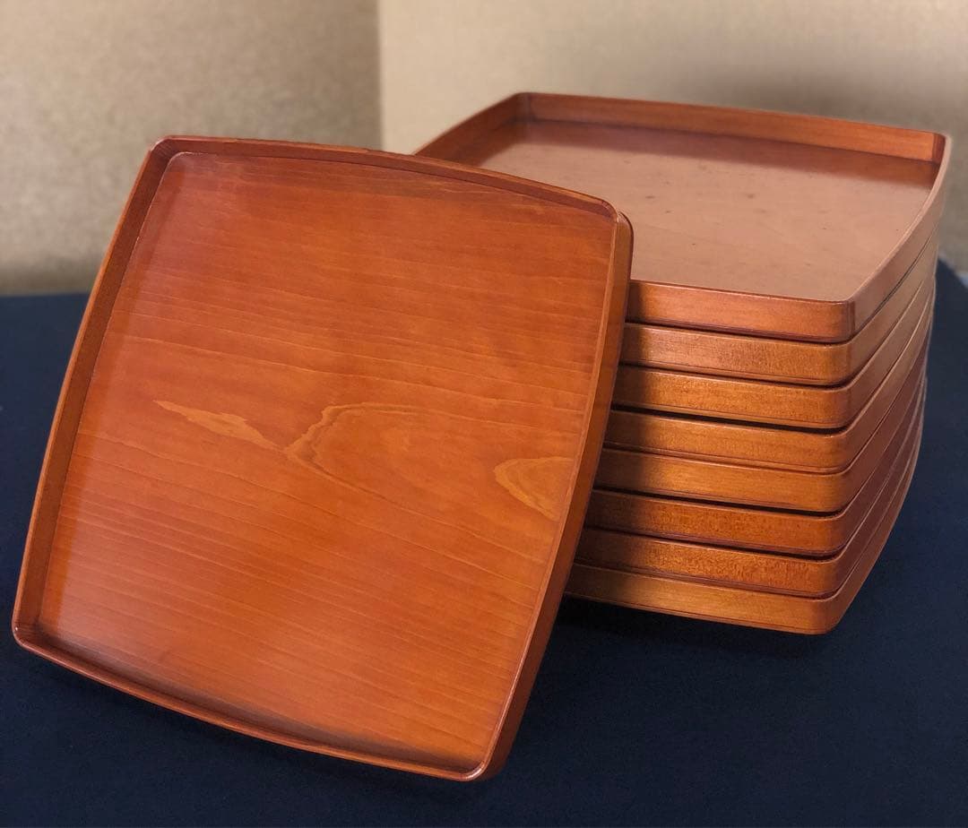 《R》春慶塗 胴張 折敷9客 四方膳 銘々膳 木製漆器 木箱　260203く4