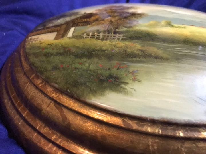 英国　手描き風景半球アンティーク　ドーム型壁掛け木製細密画