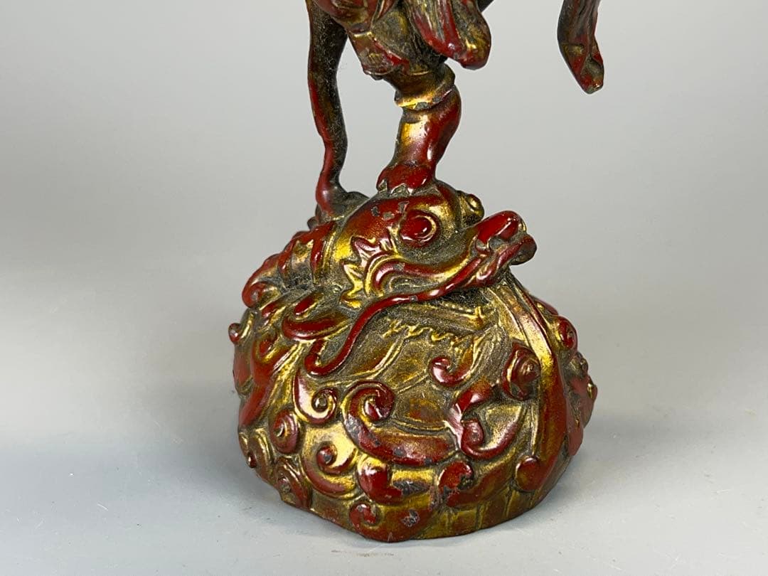 時代物　銅胎　漆器　朱漆金箔　魁星点斗 独立鰲頭（学業有成）置物　縁起物　中国