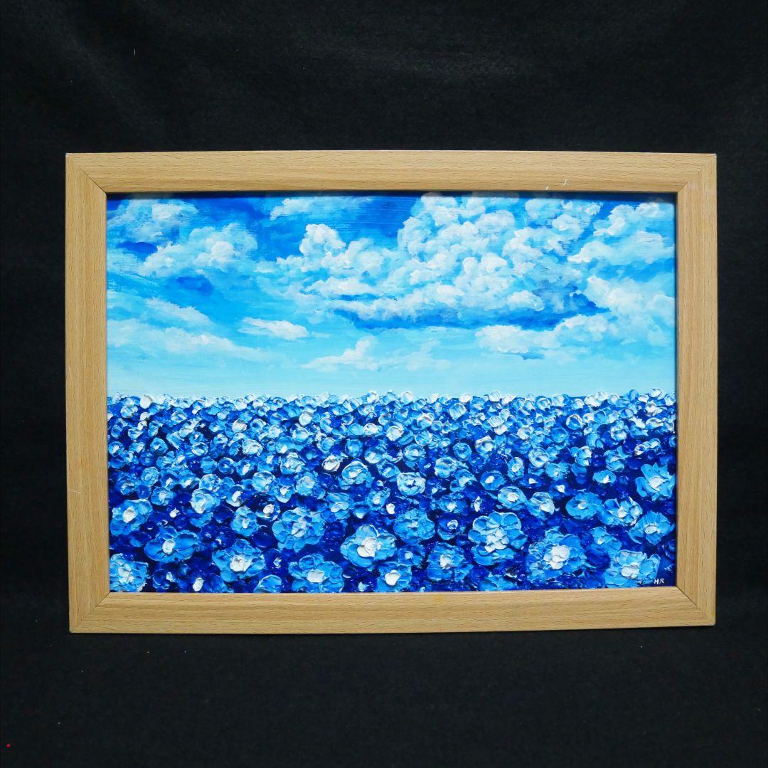 油絵 油彩 油彩画 絵 絵画【青空と雲のネモフィラ】
