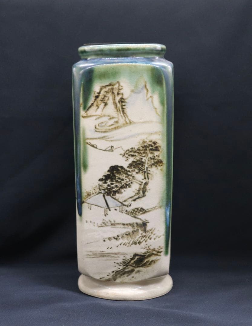 清水　青緑釉山水　四方華瓶　平安陶工　土龍庵清山作　共箱　茶道具　送料込み905