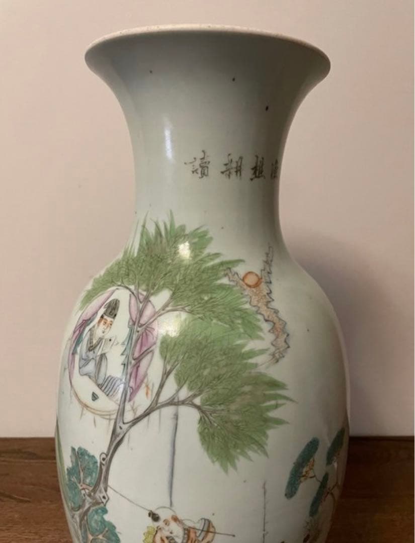 中国古美術 清末民国時代　豆青釉浅降彩大花瓶42cm　漁樵耕読