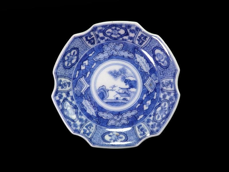 古伊万里　染付　吉祥紋に山村の図　六角豆皿　AS-DBe