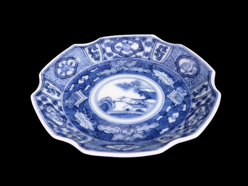 古伊万里　染付　吉祥紋に山村の図　六角豆皿　AS-DBe