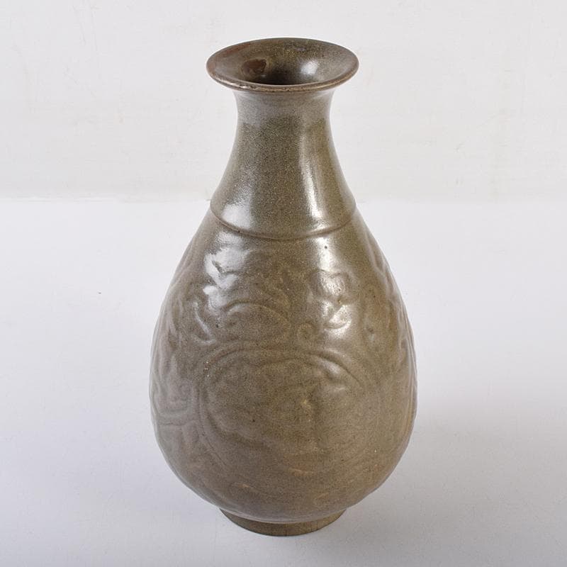 中国　耀州窯　青磁　陽刻　牡丹文　花入　相国寺　有馬頼底書付箱　M　R7802B