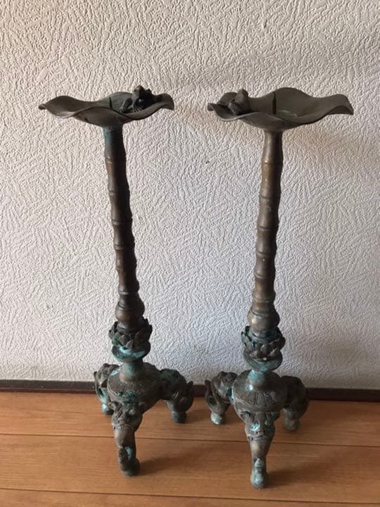 燭台，古銅製，古美術品，旧家藏出し，兩個重3300克