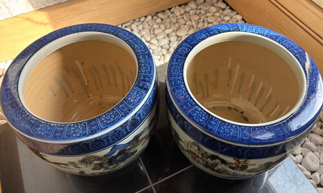 たちばな焼 火鉢 一対 染付 山水文様 昭和レトロ 陶器 メダカ 2個