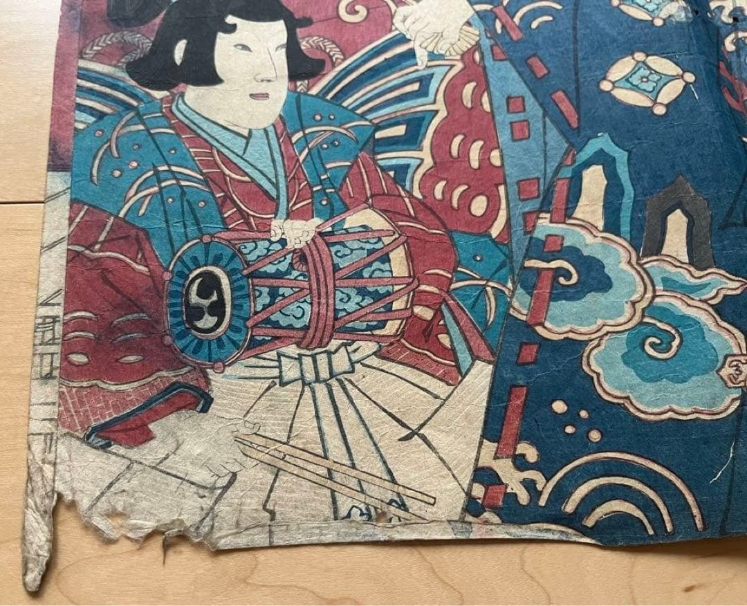 浮世絵 原画　豊原國周 版画 アンティーク美術　歌舞伎絵　木版画　3連画
