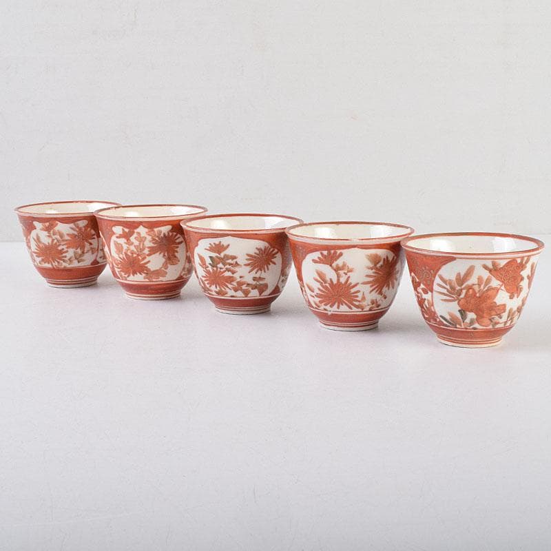 九谷焼　古九谷　赤絵金彩　花文　煎茶器　盃　五客　M　R9152