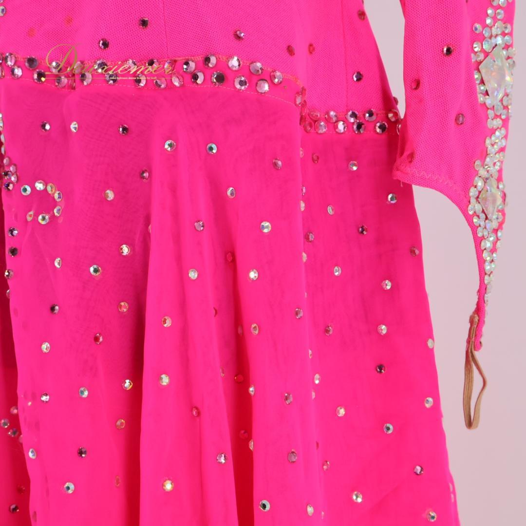 【社交ダンス衣装】ピンク ラテン ドレス ワンピース 蛍光 レース ビーズ デモ