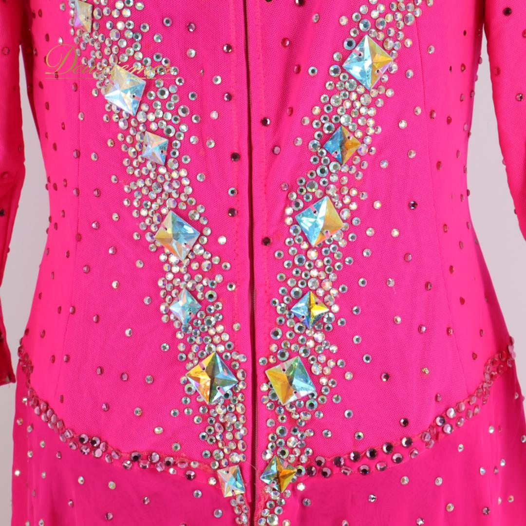 【社交ダンス衣装】ピンク ラテン ドレス ワンピース 蛍光 レース ビーズ デモ