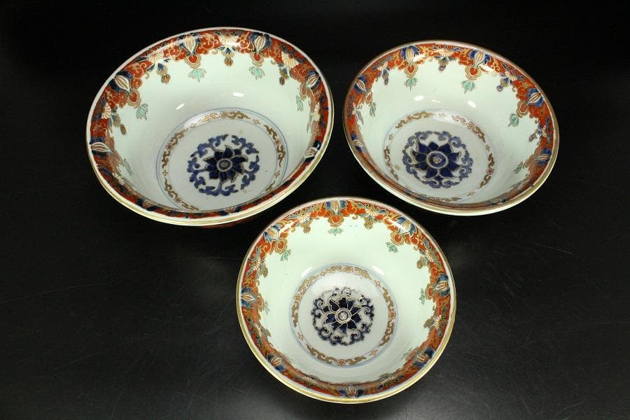 古伊万里 金蘭 模様 三重 鉢 碗 三件(K-XA727)