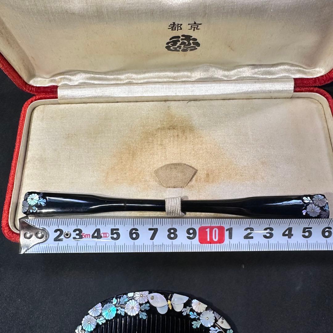大正アンティーク　鼈甲　櫛笄　黒漆螺鈿細工　金細工髪飾り