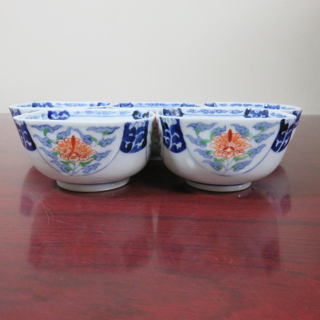 四角向付 5客 草花文様 染付 色絵付 明治 大正 蔵出し