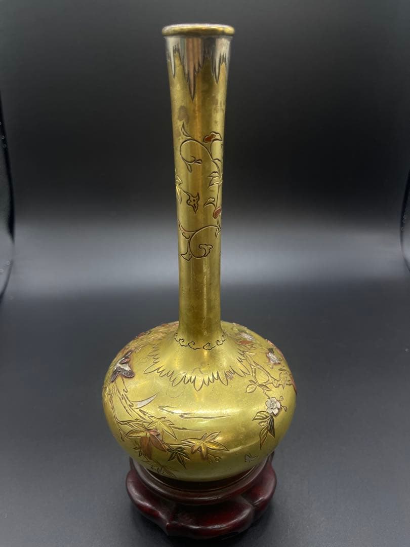 明治時代　金工　花瓶　金銀象嵌　骨董古美術