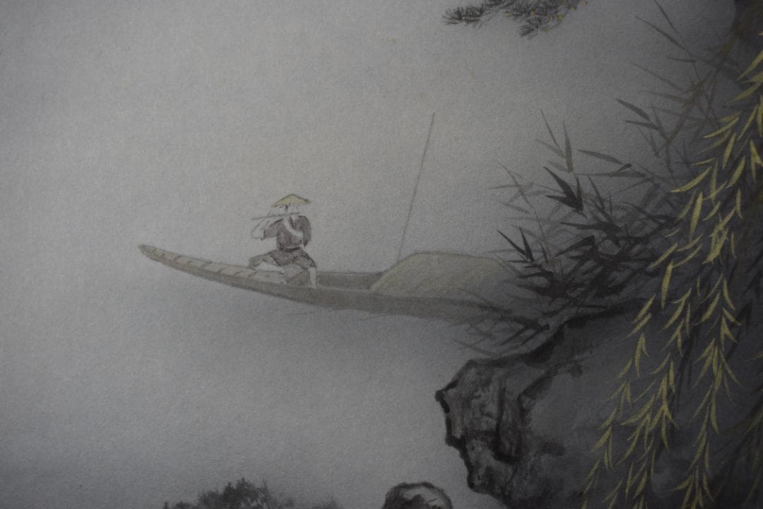 【真作】海童道亜文/湖畔図/舟上吹笛図/掛軸☆宝船☆Y-593　JM