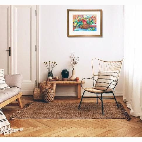 フラワー　花の絵　絵画　 赤　バスケット　ブラウン　茶色　水彩画の版画