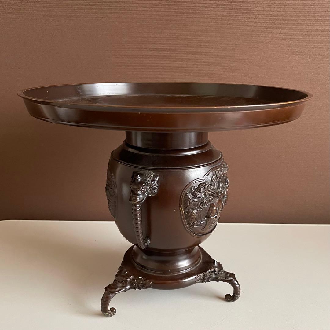 銅花器 薄端 在銘 精山 獅子双耳 池坊 茶道具 華道具 重さ5.2kg 04