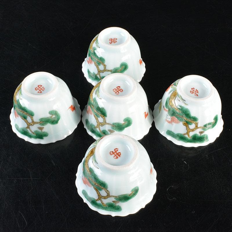 中国　色絵　蝙蝠山水文　煎茶碗　五客　桐箱　M　R6397E