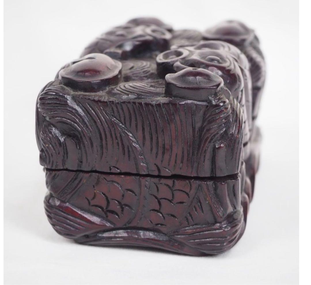 送料無料　時代物　唐木花梨　龍彫刻刳貫小箱