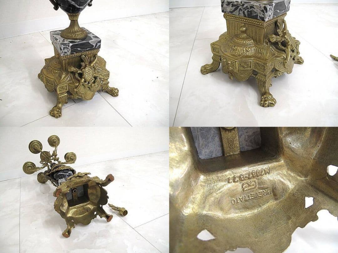 【美品】イタリア製 ランチーニ 天使/ブロンズ/黒大理石 燭台1対＋置時計セット