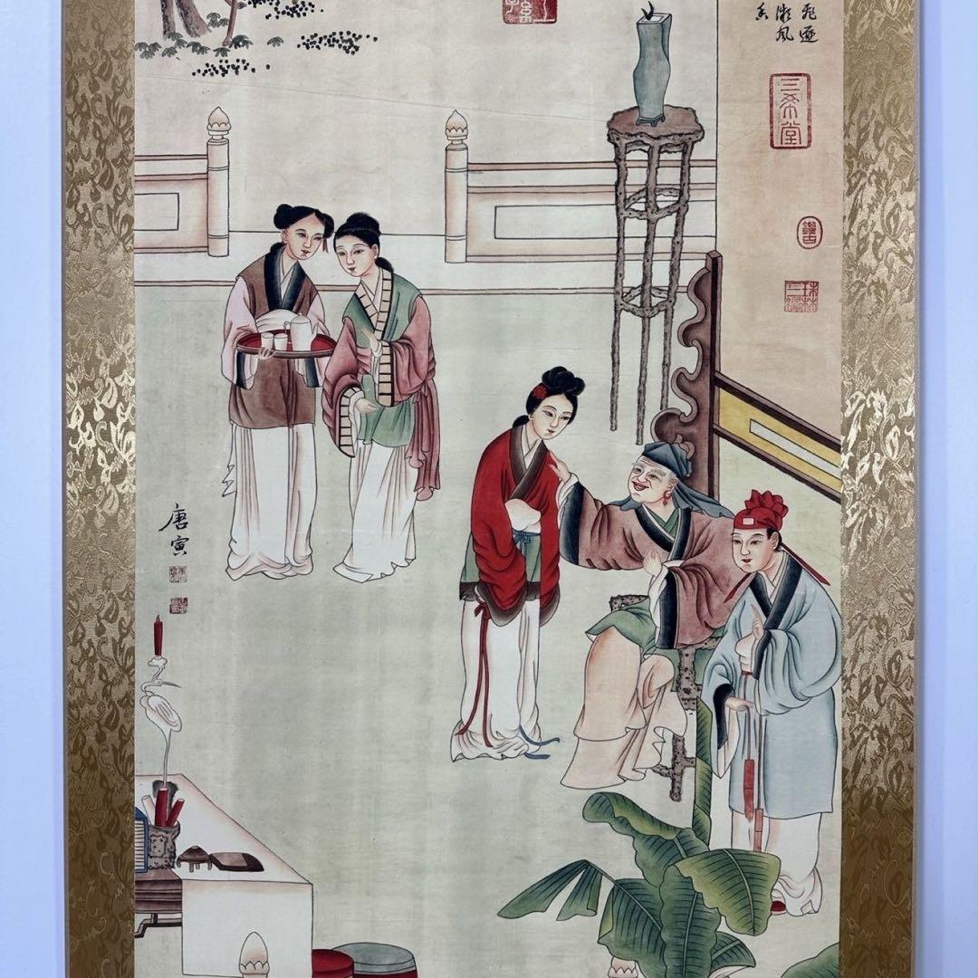 唐寅 秋庭仕女図　三尺中堂掛け軸　中国人物画　宣紙　書画工芸