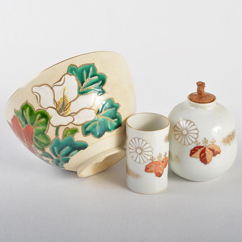 茶道具　利休茶箱　色絵花文茶碗　菊桐蒔絵棗など　七点　一式　V　R7103