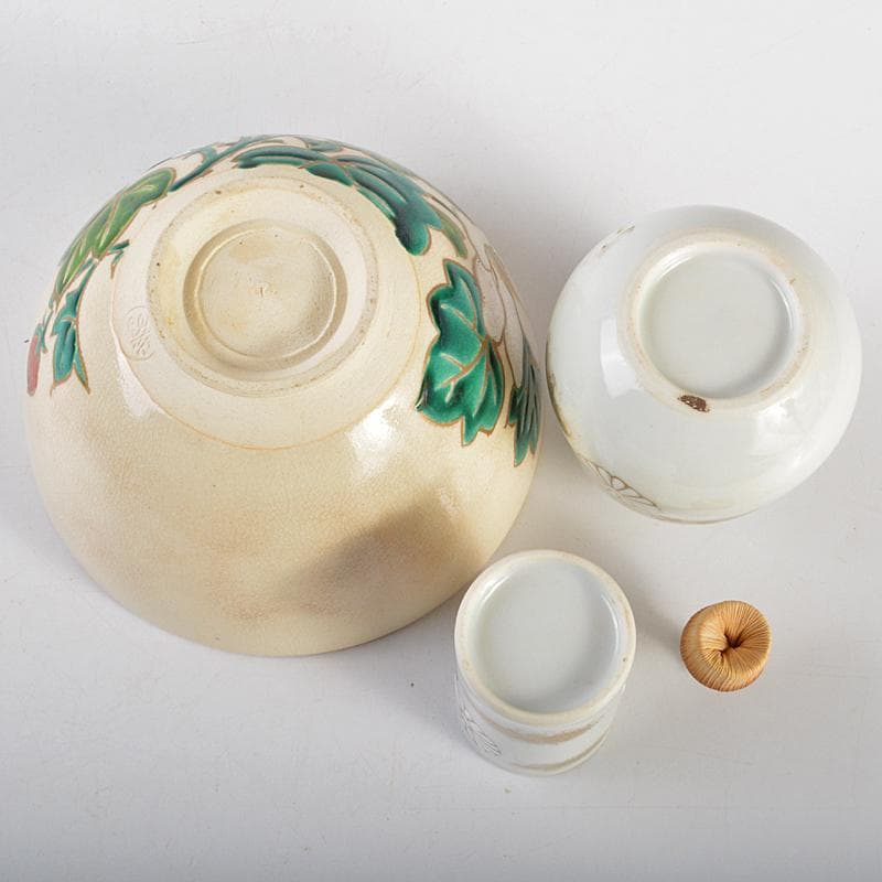 茶道具　利休茶箱　色絵花文茶碗　菊桐蒔絵棗など　七点　一式　V　R7103