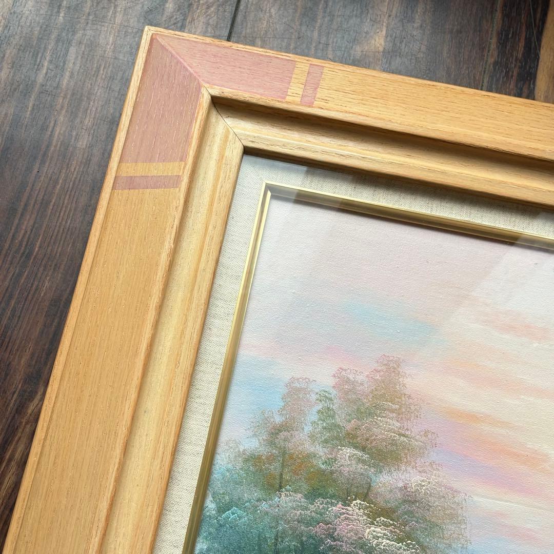 絵画　作者不詳　夕陽に映えるお花畑　油彩画