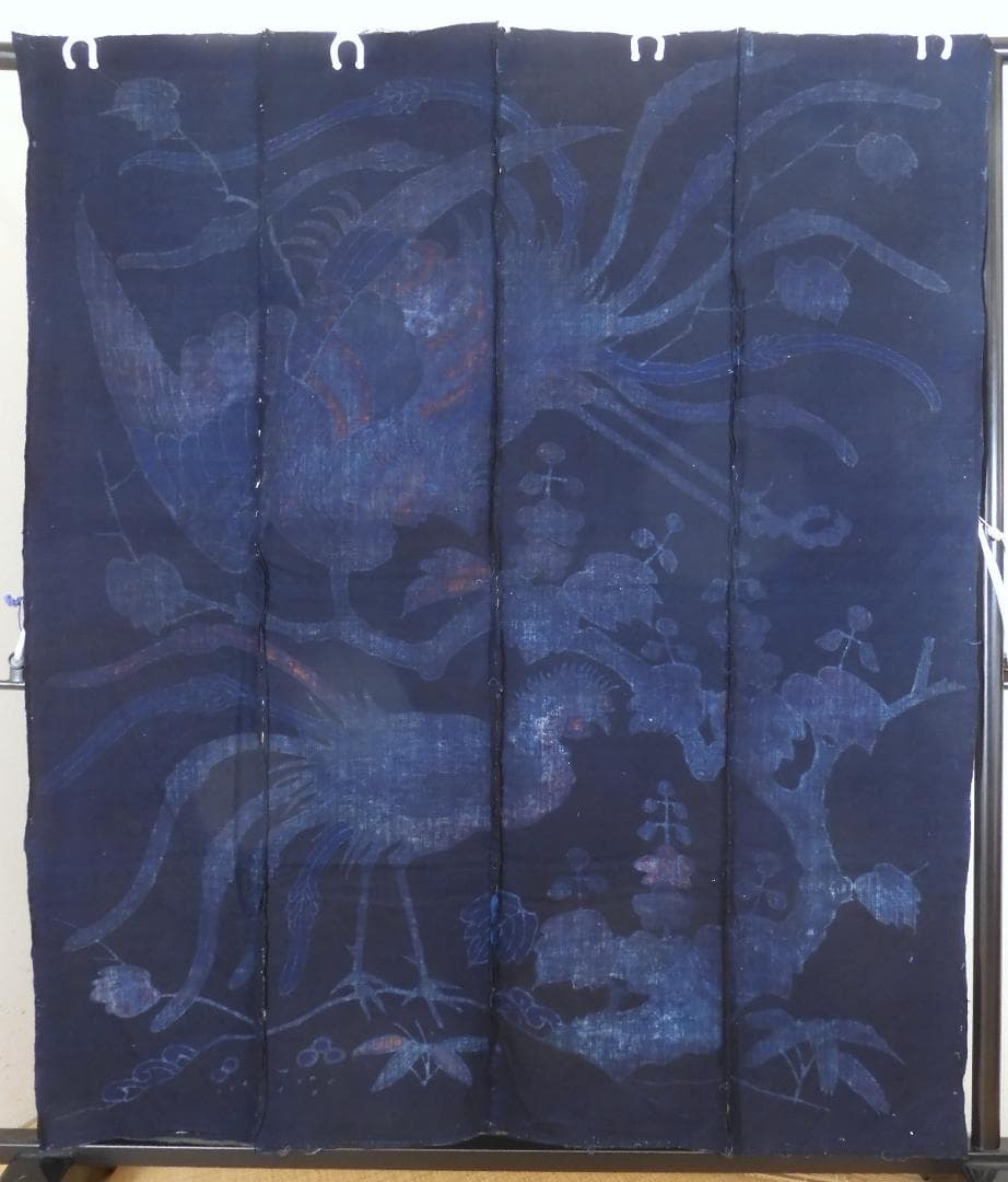 木綿・明治期・筒描4巾・鳳凰のつがい・アンティーク筒描き