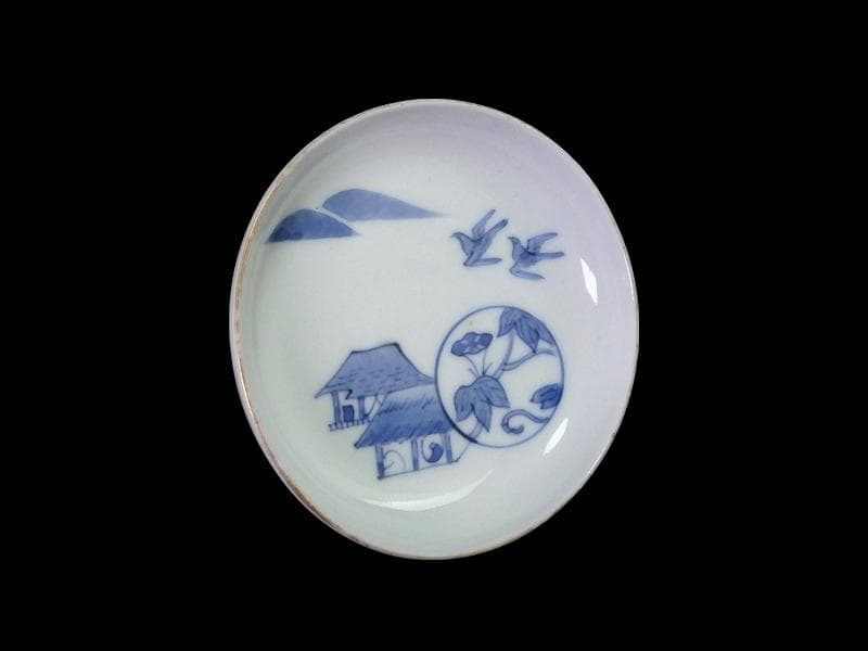 古伊万里　染付　山村に鳥　朝顔の図　３寸皿　豆皿　手塩皿　E595AS-CUc