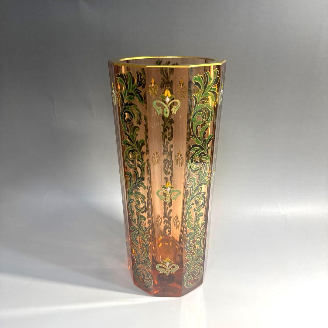 窯彩硝子 雨宮喜能登 エナメル 金彩 フラワーベース 花瓶 クリスタルガラス