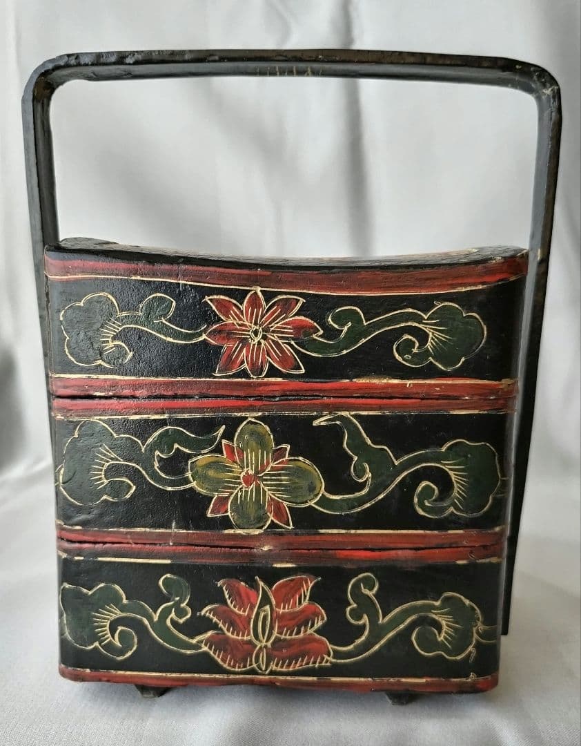 重箱 陶器蓋 草花 鹿 二段重 骨董 ヴィンテージ 時代物 中国 アジア