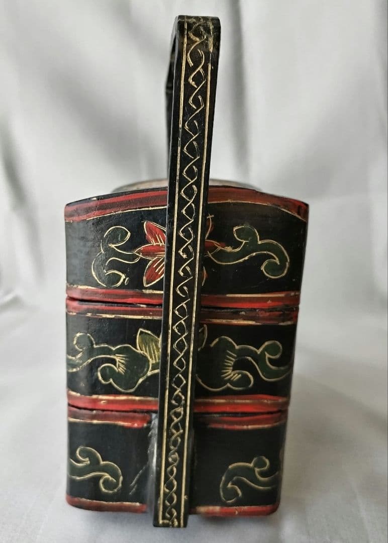 重箱 陶器蓋 草花 鹿 二段重 骨董 ヴィンテージ 時代物 中国 アジア